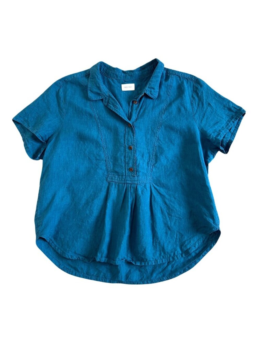 Poetry Women's Sz 14 Blue Linen Short Sleeve Button-Up Blouse Relaxed Fit